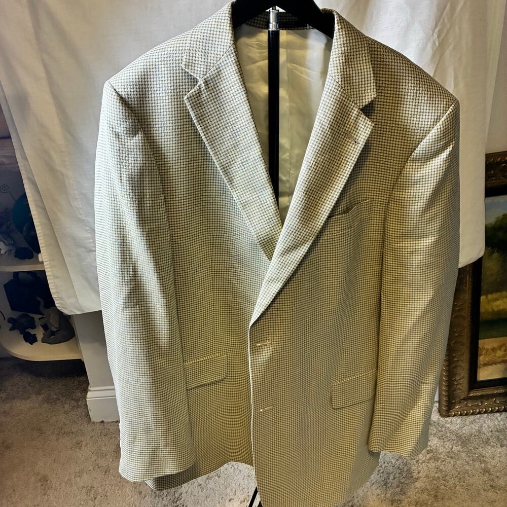 Hart Schaffner Marx Parisian 46L Tan Houndstooth Wool Sport Coat Blazer USA
